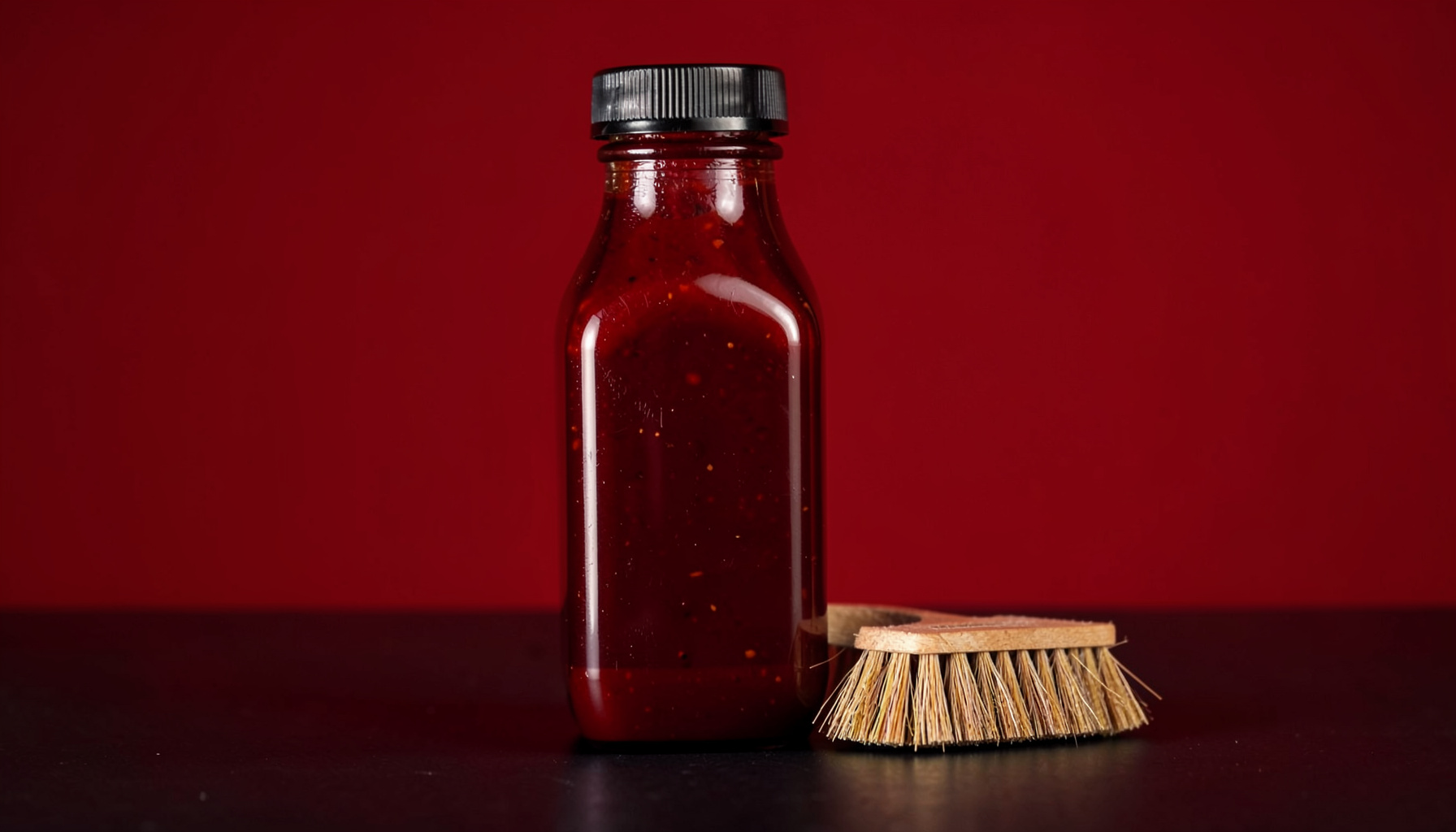 Bottle of rich red barbecue sauce beside a brush on a dark surface, glossy and warm, studio-lit with deep crimson and mahogany tones.