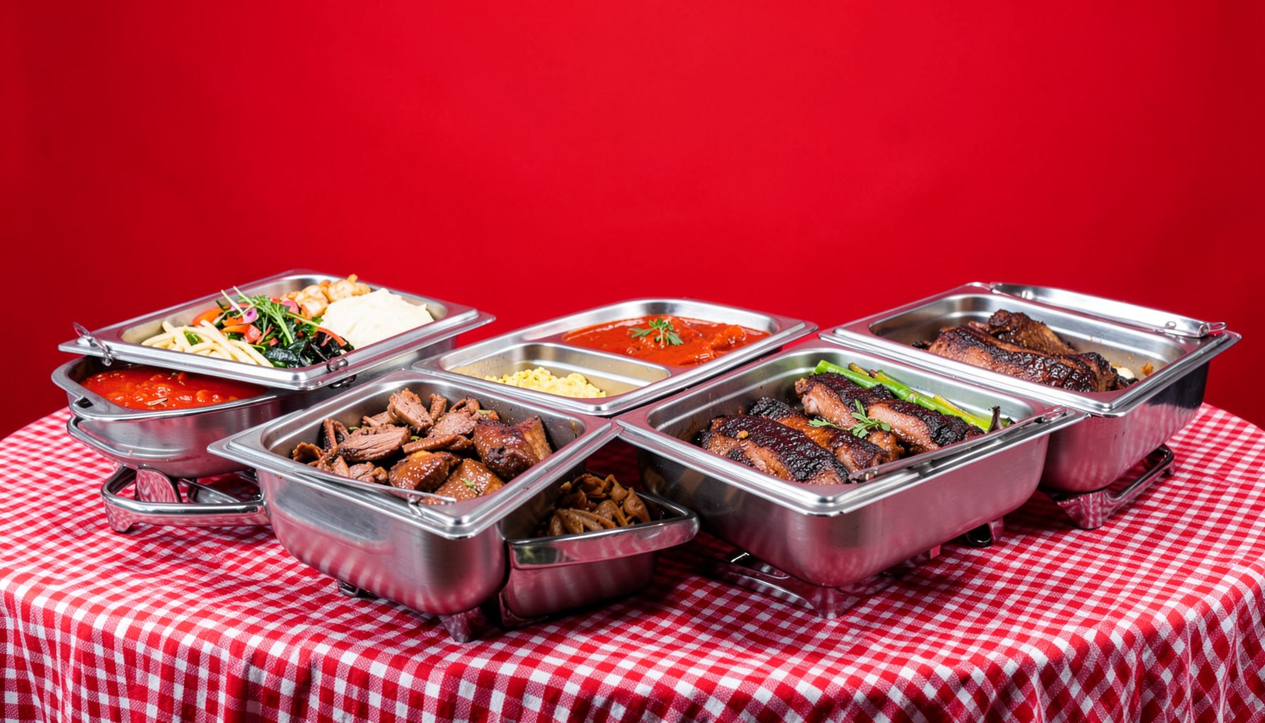 A catering buffet line with stainless steel chafing dishes filled with barbecue meats and sides, arranged neatly on a table with a red checkered cloth.