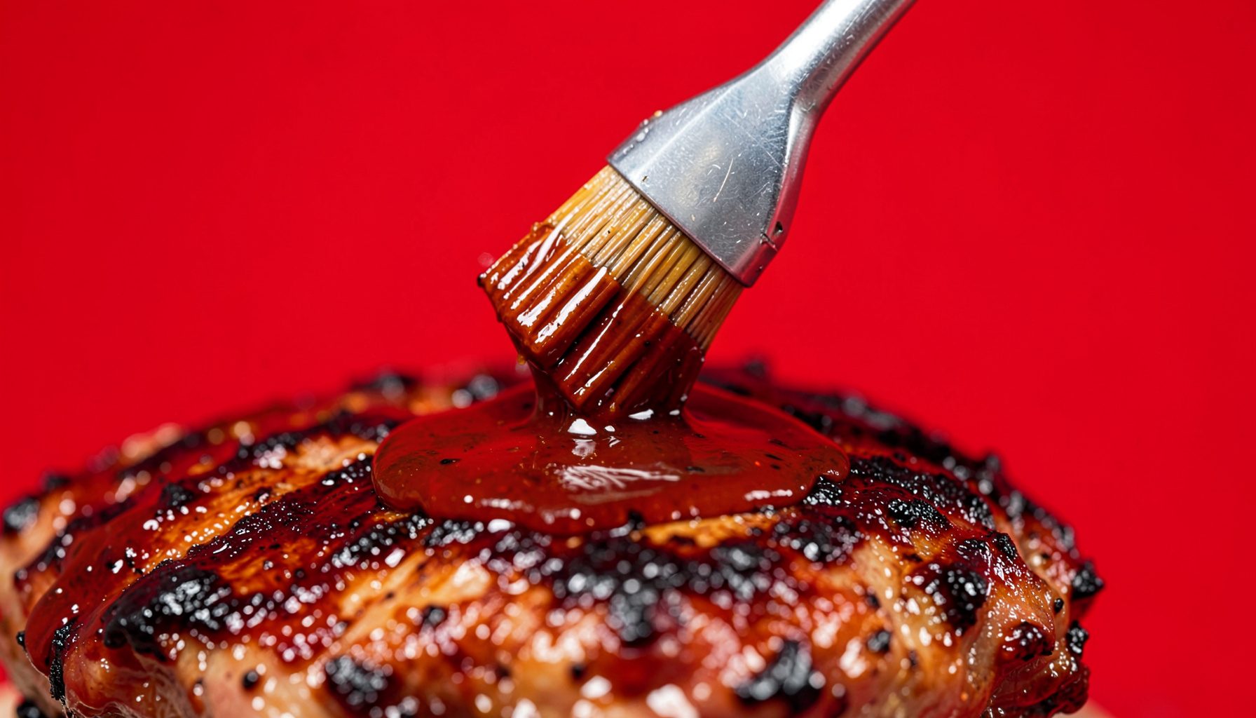 A close-up of a basting brush spreading glossy reddish-brown barbecue sauce over grilled meat, rich and appetizing