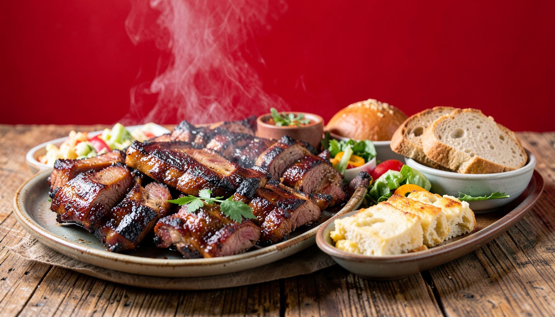A generous spread of Southern-style barbecue on a rustic wooden table: smoked meats, fresh sides, and warm bread, with soft natural light and a welcoming, homey feel.