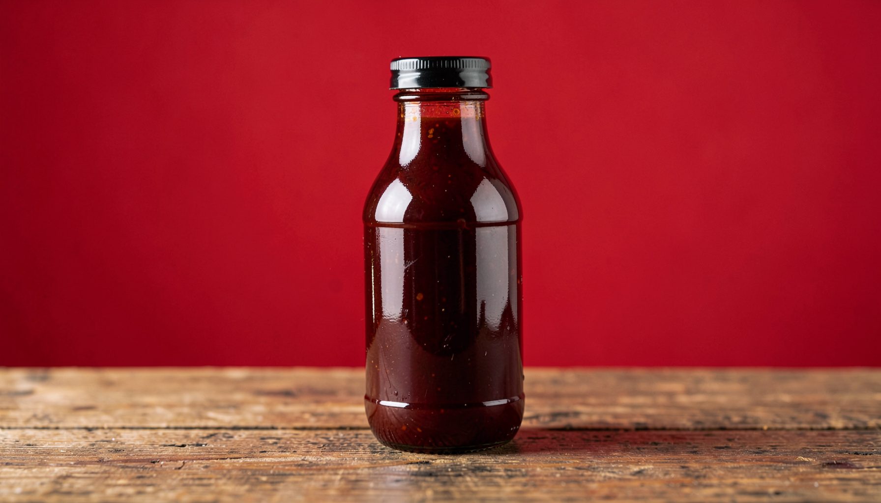 A glossy bottle of rich, dark amber barbecue sauce on a rustic wooden table, warm and inviting
