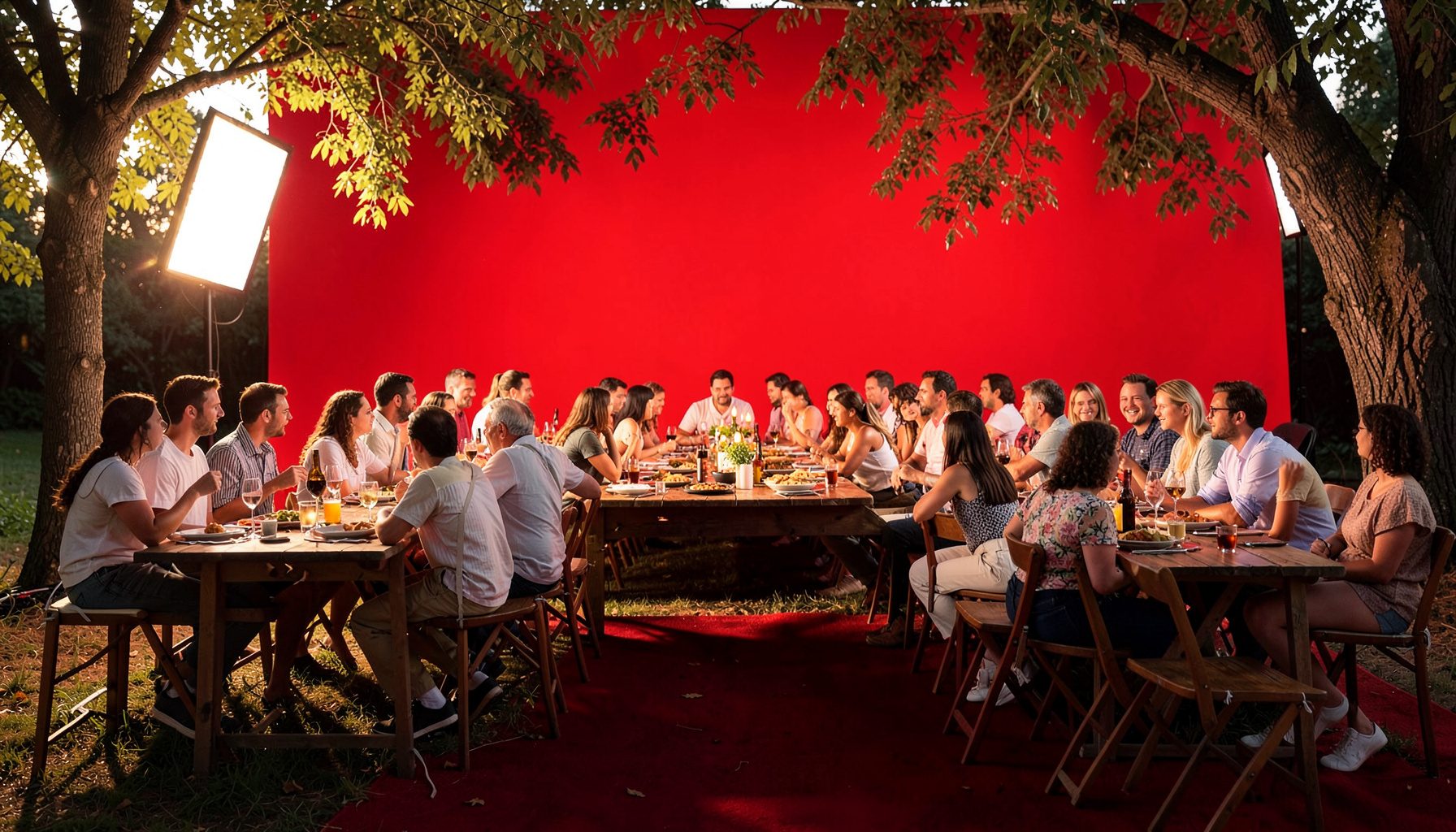 An outdoor party setting with long tables set for a barbecue gathering, warm evening light filtering through trees, and a relaxed, festive atmosphere.