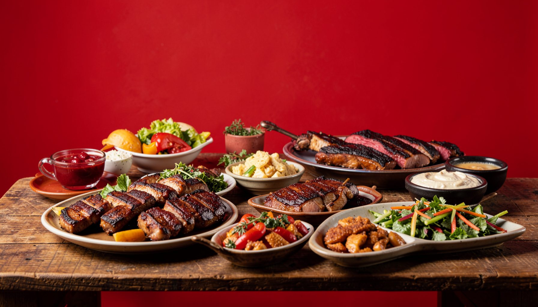 Barbecue catering spread with smoked meats, fresh sides, and fixins arranged on a rustic serving table, warm amber and brown tones on a clean studio backdrop.