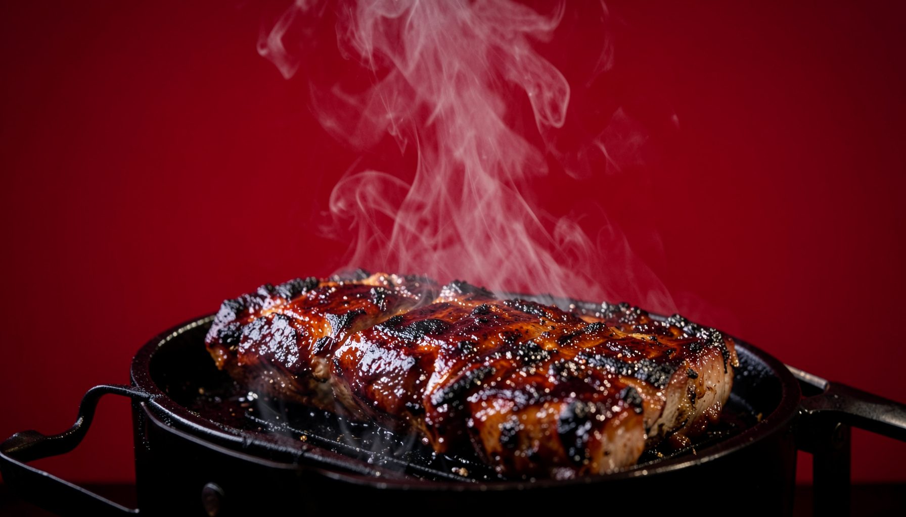 Close-up of smoked barbecue being prepared, rich browns and deep reds, steam rising against a dark studio backdrop.