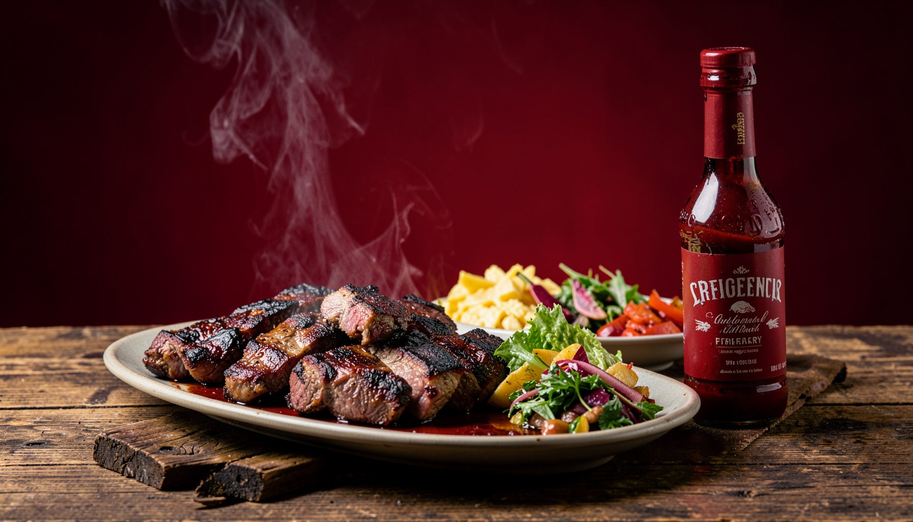 Warm, rustic barbecue spread on a wooden table with smoked meats, fresh sides, and a bottle of signature red sauce, photographed on a dark seamless backdrop with rich amber and deep crimson tones.